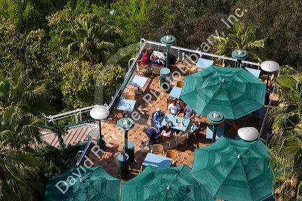 Aerial view of a restaurant at the San Diego Zoo taken from the Skyfari gondola lift in Balboa Park, California, USA.