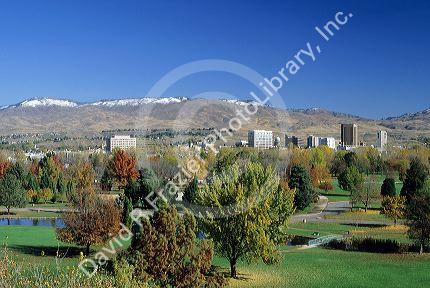 Cityscape of Boise, Idaho over Ann Morrison Park.