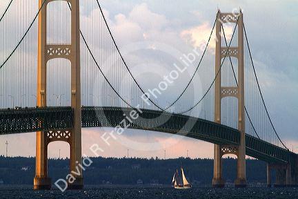 View of the Mackinac Bridge connecting the Upper and Lower peninsulas of Michigan, USA.