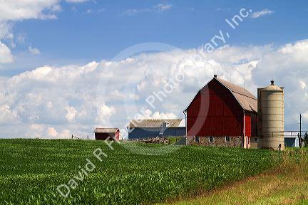 Red barn and farmland along U.S. Highway 10 near Brilliion, Wisconsin, USA.