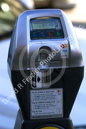 Parking meter that accepts credit cards for payment in San Francisco, California, USA.