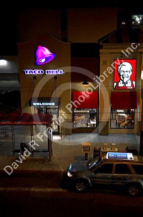 Fast food restaurant combination of Taco Bell and Kentucky Fried Chicken on Lombard Street in San Francisco, California, USA.