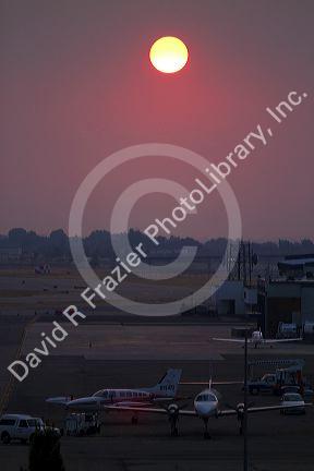 Sunset over the Boise Airport, Idaho, USA.