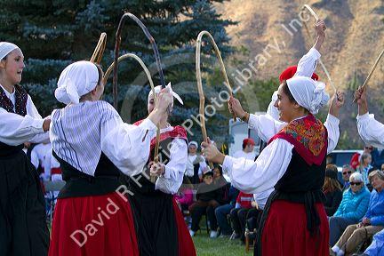 The Oinkari Basque Dancers perform at the Trailing of the Sheep Festival in Hailey, Idaho, USA.