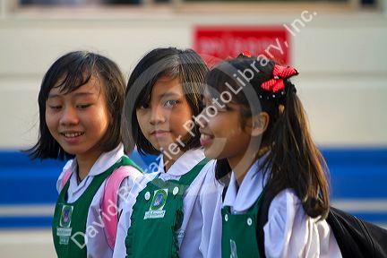Students wearing school uniforms in (Rangoon) Yangon, (Burma) Myanmar.