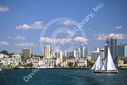 A sailboat in San Diego Harbor, California.