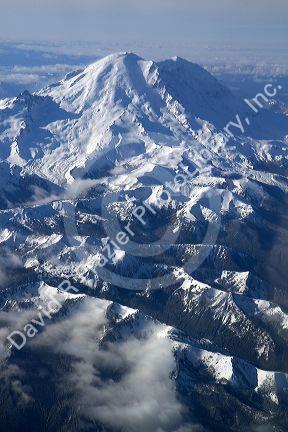 View of Mount Rainier taken from an airplane window.