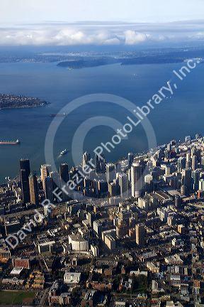 View from an airplane window of Elliott Bay and Seattle, Washington, USA.