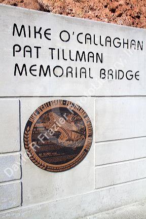 A marker at the Mike O' Callaghan - Pat Tillman Memorial Bridge located in the Lake Mead National Recreation Area, Clark County, Nevada and Mohave County, Arizona, USA.