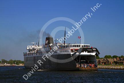 The SS Badger coal-fired passenger and vehicle ferry on Lake Michigan at Ludington, Michigan, USA.