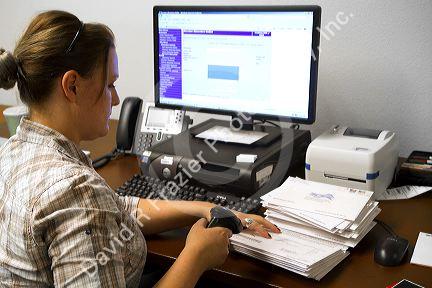 Election worker recording absentee ballots in Boise, Idaho, USA.