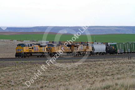 Union Pacific frieght train in Elmore County, Idaho, USA.