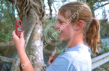 Female forest servce employee for the Florida everglades uses a hand held  digital anemometer to check the wind speed in the Big Cypress Swamp.