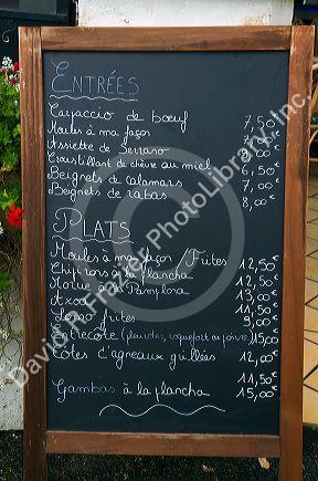 Menu board for a restaurant at Bidart in the Basque province of Labourd, southwestern France.