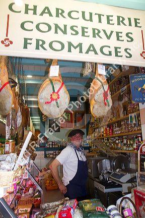 Charcuterie selling cured meats in a Basque market at Saint-Jean-de-Luz in the Basque province of Labourd, southwestern France.