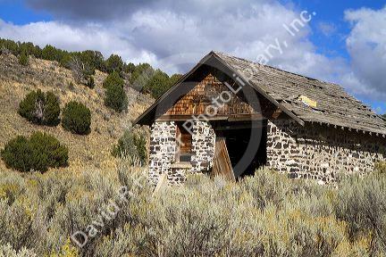 Out building constructed of stone and mortar along Interstate 84 near the Idaho and Utah borders, USA.