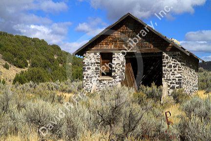 Out building constructed of stone and mortar along Interstate 84 near the Idaho and Utah borders, USA.
