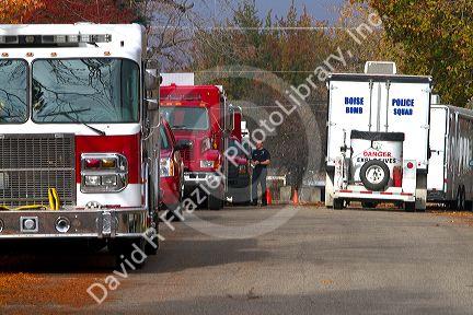 Fire engines and bomb units at the scene of an explosive materials incident in Boise, Idaho, USA.