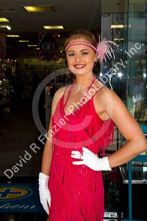 Woman dressed in period clothing during the Tremains Art Deco Weekend at Napier in the Hawke's Bay Region, North Island, New Zealand.