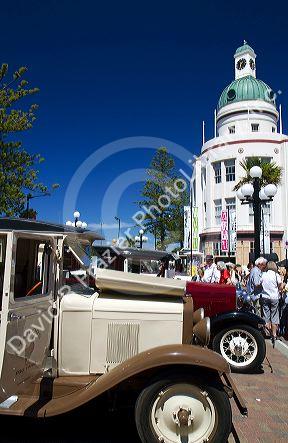 Vintage cars on display during the Tremains Art Deco Weekend at Napier in the Hawke's Bay Region, North Island, New Zealand.