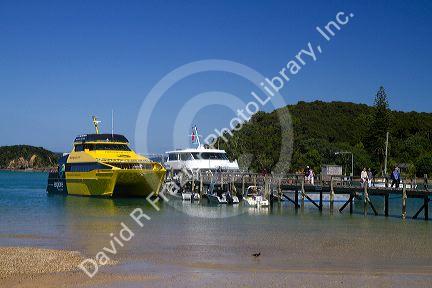 Tour boats dock on an island in the Bay of Islands, North Island, New Zealand.