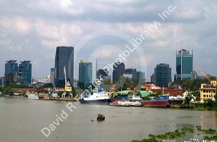 Skyline along the Saigon River in Ho Chi Minh City, Vietnam.