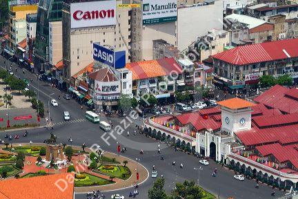Aerial view of the Ben Thanh Market in Ho Chi Minh City from the Bitexco Financial Tower, Vietnam.