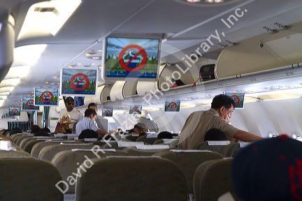 Safety briefing aboard a Vietnamese Airlines Airbus 320 at Cam Ranh International Airport, Cam Ranh, Vietnam.