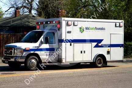 Ada County EMS ambulance responding to a medical emergency in Boise, Idaho, USA.