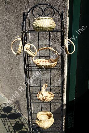 Sweetgrass hand-woven baskets on display in Charleston, South Carolina, USA.