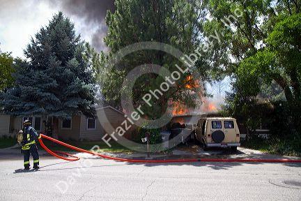 Firefighters respond to a structure fire in Boise, Idaho, USA.