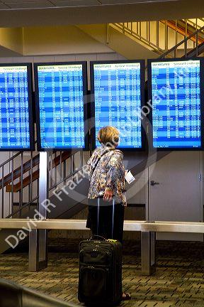 Digital flight information display monitors at the Minneapolis-Saint Paul International Airport located in Hennepin County, Minnesota, USA.