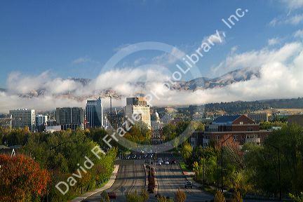View of capital boulevard and the Idaho state capitol building on a misty morning in downtown Boise, Idaho, USA.