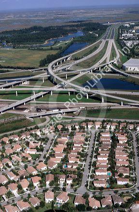 Aerial of Florida turnpike interchange on Interstate 75 alligator alley in Florida.