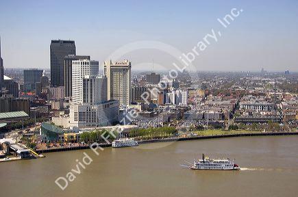 Creole Queen riverboat passing the city of the New Orleans along the Mississippi River, Louisisana.