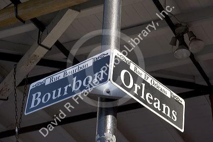 Street sign on the corner of Bourbon and Orleans streets in New Orleans, Louisiana French Quarter.