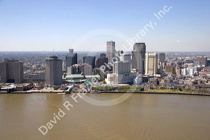 Aerial view of  riverfront and cityscape of New Orleans, Louisiana.