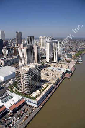 Aerial view of  riverfront and cityscape of New Orleans, Louisiana.