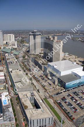 Aerial view of  riverfront and cityscape of New Orleans, Louisiana.