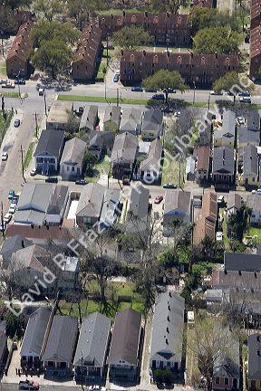 Aerial view of housing in New Orleans, Louisiana showing long narrow shotgun houses.