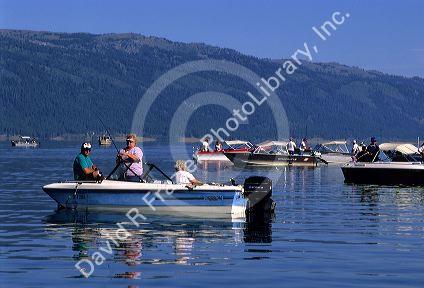 People fishing and boating on Cascade Lake, Idaho.