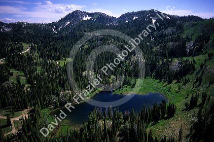 Aerial view of a high mountain lake in the Trinity Mountain area of Idaho.