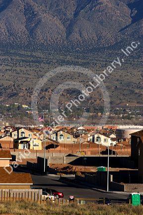 Housing development at Bernalillo, New Mexico in the area of Albuquerque.  Sandia Mountains in background.