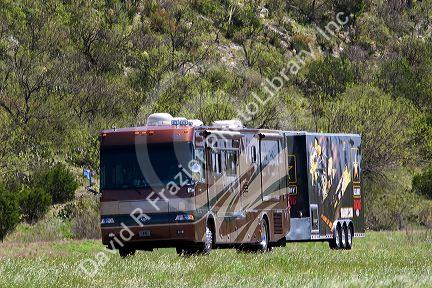 A recreational vehicle pulling a trailer on Interstate 10 in west Texas.