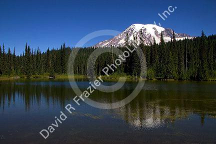 Mt. Rainier reflection on lake water in Mt. Rainier National Park, Washington.