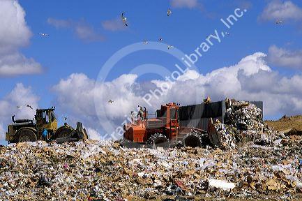A large dumpster unloads trash while bulldozers move it at a sanitary landfill in Boise, Idaho.