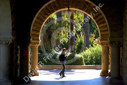Arched portico of the Main Quadrangle at the campus at Stanford University in Palo Alto, California.