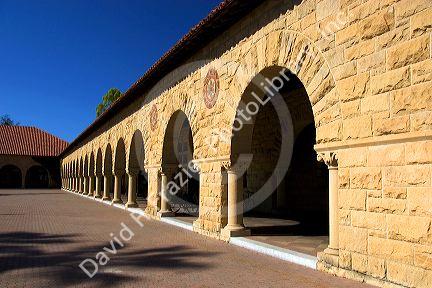 Arched portico of the Main Quadrangle at the campus at Stanford University in Palo Alto, California.