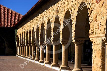 Arched portico of the Main Quadrangle at the campus at Stanford University in Palo Alto, California.