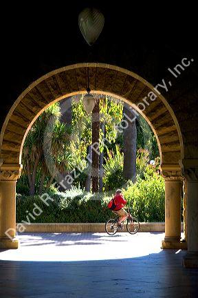 Arched portico of the Main Quadrangle at the campus at Stanford University in Palo Alto, California.